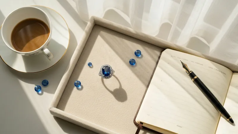 Étiquette de prix sur un écrin de bague saphir